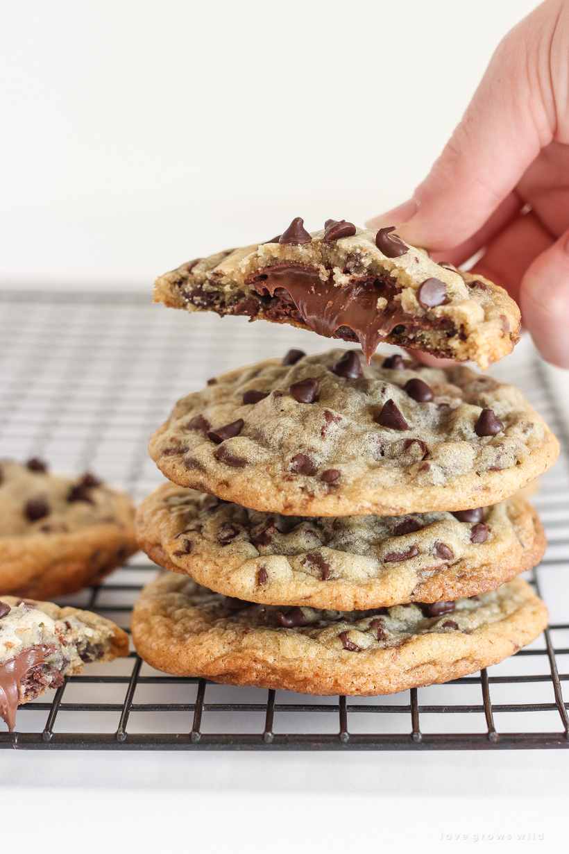 Soft, gooey Nutella stuffed inside the perfect chewy chocolate chip cookie!