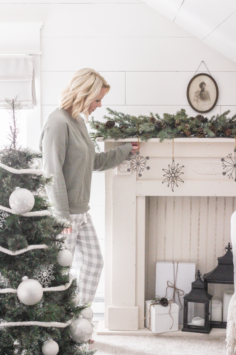 A simple, cozy bedroom decorated for Christmas with a "vintage winter wonderland" theme