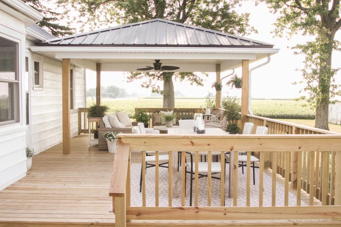 Interior blogger Liz Fourez adds a beautiful large deck and gazebo to her home that is just as cozy and stylish as the inside of her gorgeous farmhouse. Come take a peek of this stunning new outdoor space.