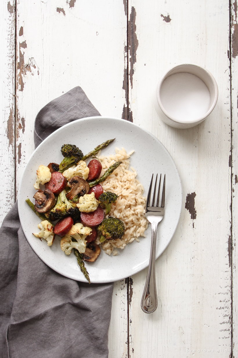 Try this One Pan Roasted Sausage and Vegetables recipe for a quick and easy dinner that is healthy and low carb!