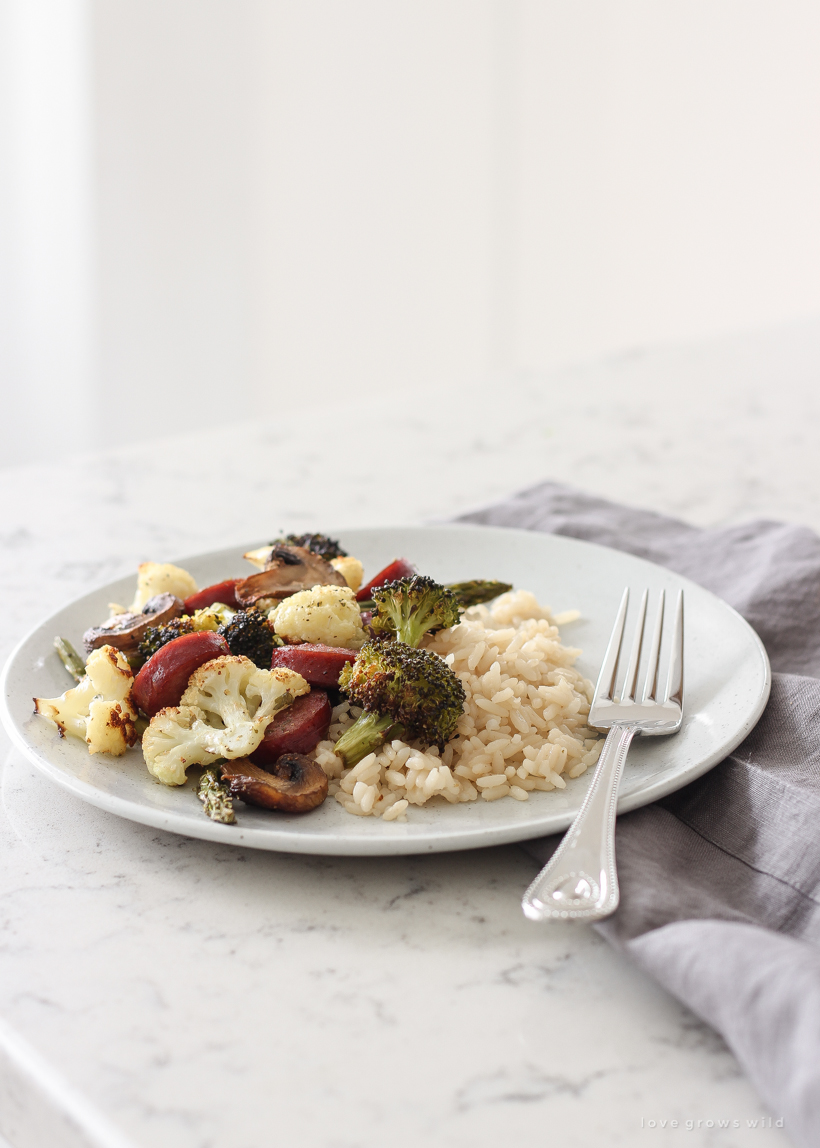 Try this One Pan Roasted Sausage and Vegetables recipe for a quick and easy dinner that is healthy and low carb!