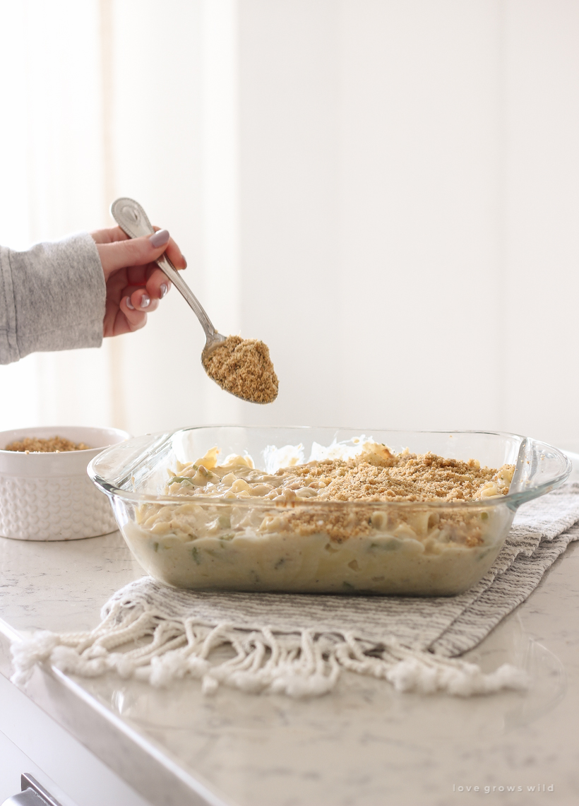 A delicious comfort food casserole from home blogger Liz Fourez of Love Grows Wild. Get the recipe for this easy Tuna or Chicken Noodle Casserole