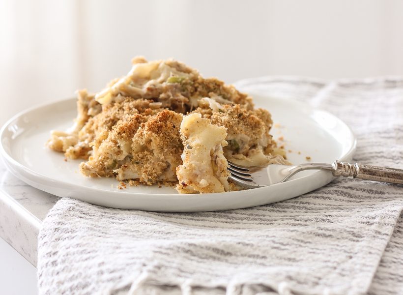 A delicious comfort food casserole from home blogger Liz Fourez of Love Grows Wild. Get the recipe for this easy Tuna or Chicken Noodle Casserole