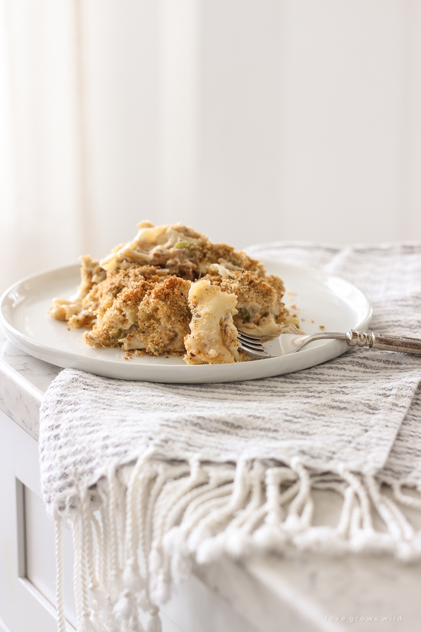 A delicious comfort food casserole from home blogger Liz Fourez of Love Grows Wild. Get the recipe for this easy Tuna or Chicken Noodle Casserole