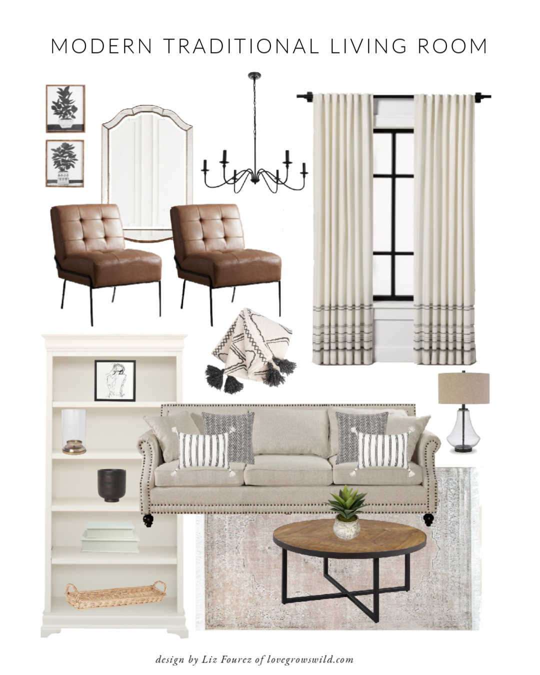 See all the pieces used in this Modern Traditional Living Room design by Liz Fourez of LoveGrowsWild.com