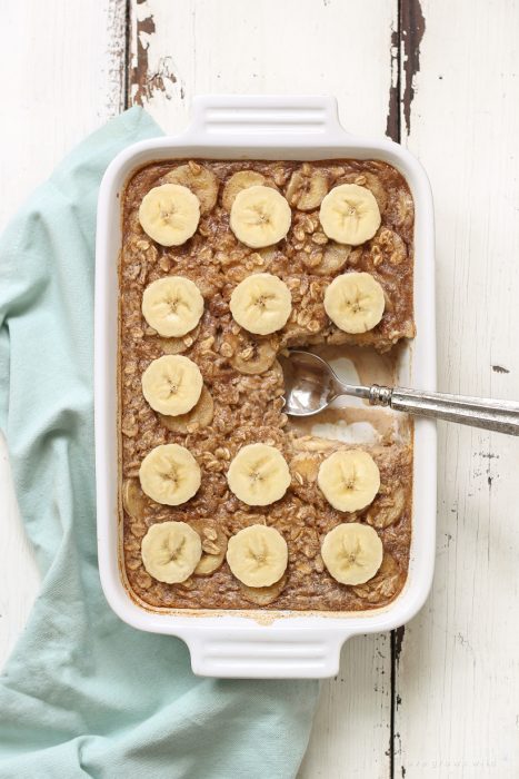 This Peanut Butter Banana Baked Oatmeal is a great healthy breakfast idea that is both easy to make and very filling! Perfect to prep ahead and reheat on busy mornings! Get the recipe at LoveGrowsWild.com