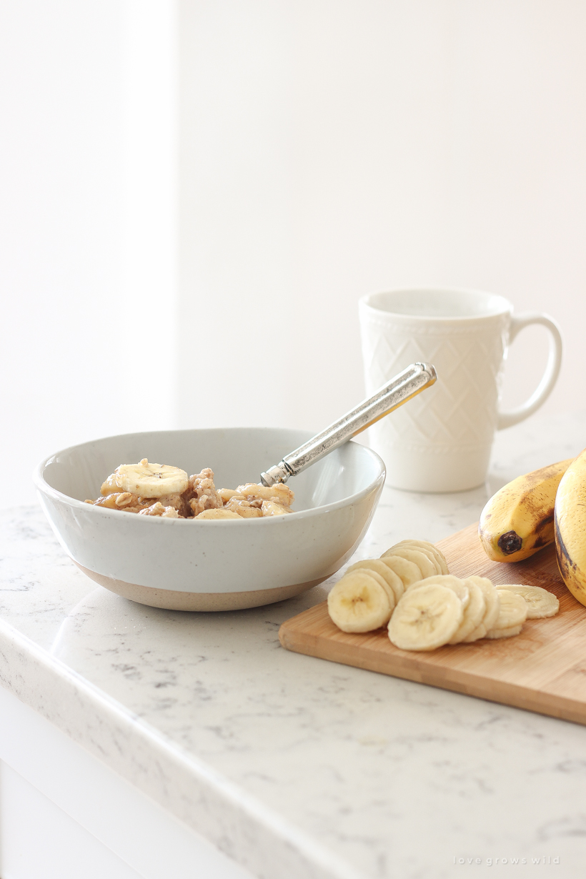 This Peanut Butter Banana Baked Oatmeal is a great healthy breakfast idea that is both easy to make and very filling! Perfect to prep ahead and reheat on busy mornings! Get the recipe at LoveGrowsWild.com