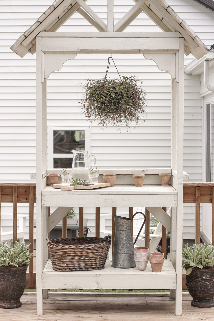 Building plans for a beautiful DIY potting bench and simple, easy ideas for styling