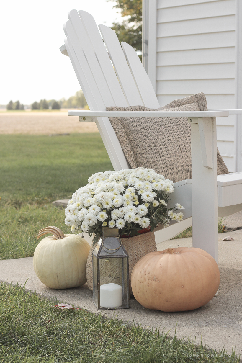 A cozy outdoor space to relax in with a simple fire pit, white adirondack chairs, and beautiful fall decor. See more details at lovegrowswild.com