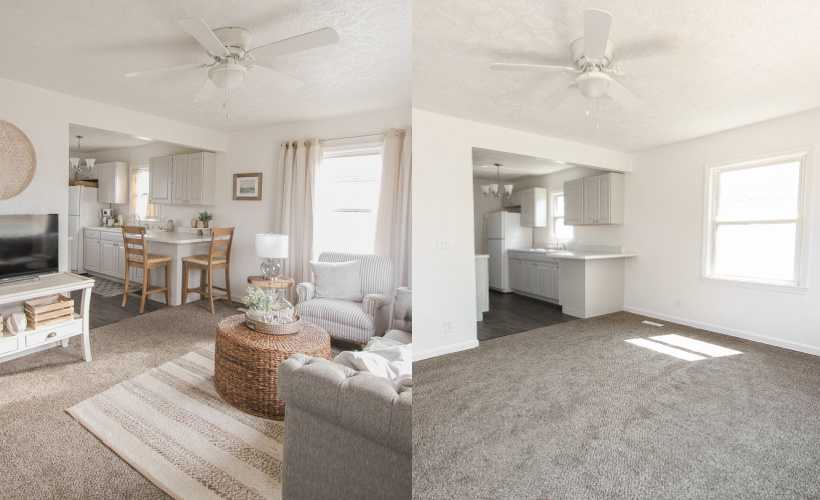 A small rental home decorated in a cozy beachy cottage style on a budget! Get all the details from home blogger and interior decorator Liz Fourez