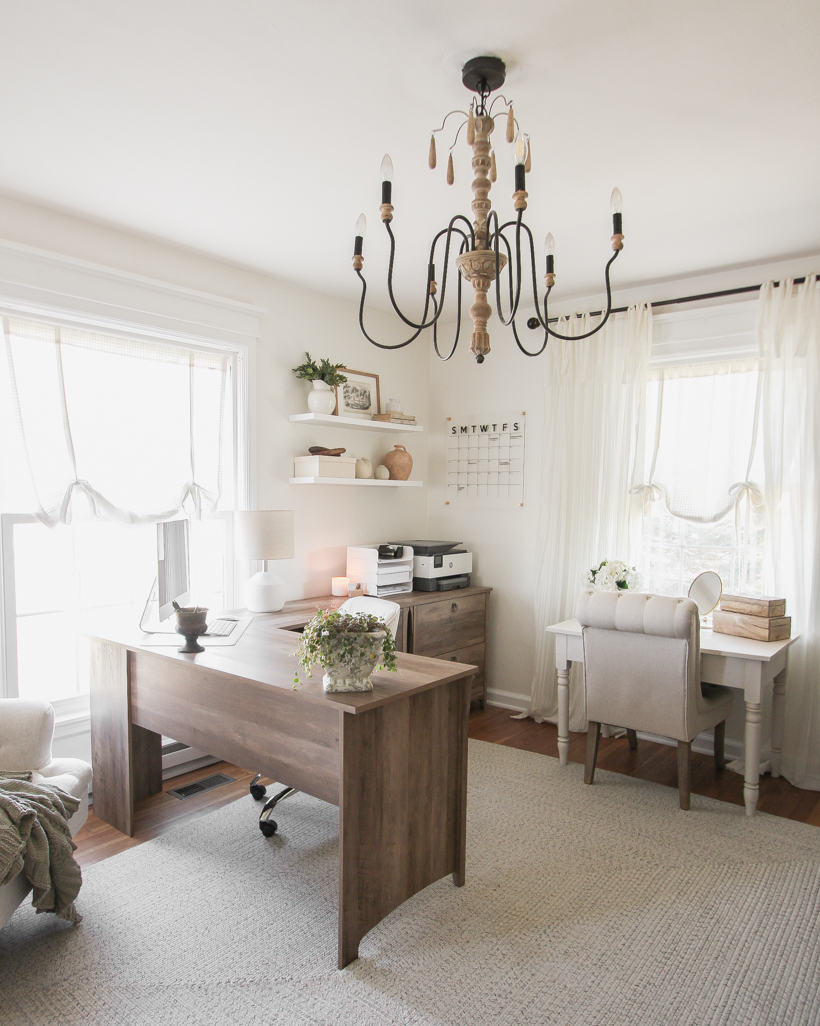 Home blogger and interior decorator Liz Fourez shares her home office that features antique furniture as the perfect storage pieces for her business.