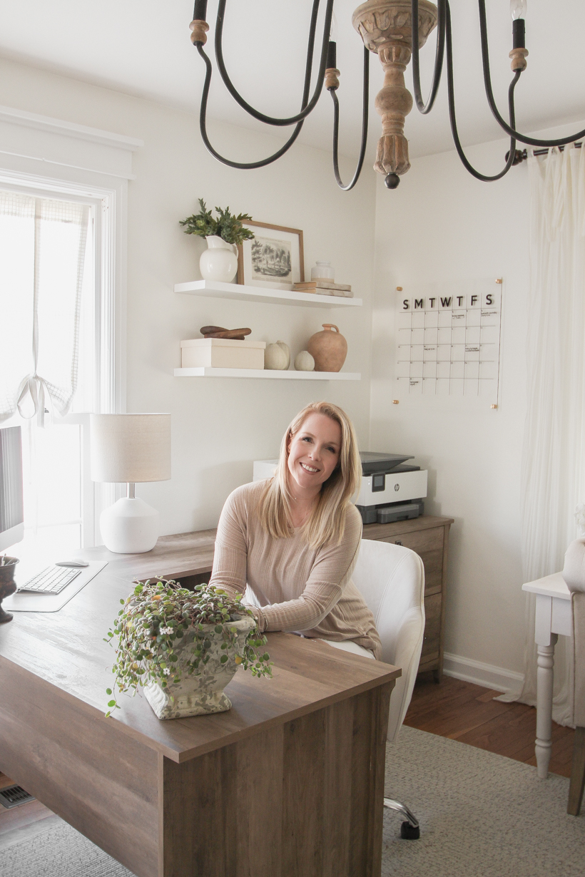 Home blogger and interior decorator Liz Fourez shares her home office that features antique furniture as the perfect storage pieces for her business.