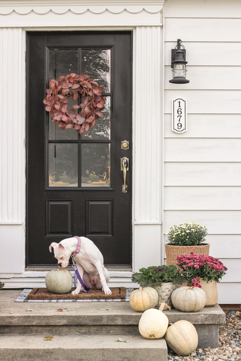 Home blogger and interior decorator Liz Fourez shares her small front porch decorated for fall with the perfect mix of soft neutrals and subtle color.