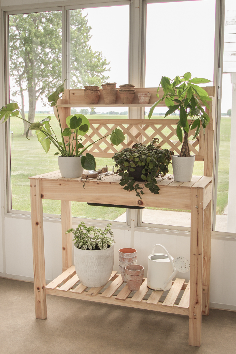 Home blogger and interior decorator Liz Fourez shares ideas for sprucing up your outdoor spaces like this affordable potting bench.