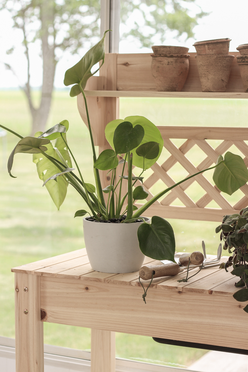 Home blogger and interior decorator Liz Fourez shares ideas for sprucing up your outdoor spaces like this affordable potting bench.