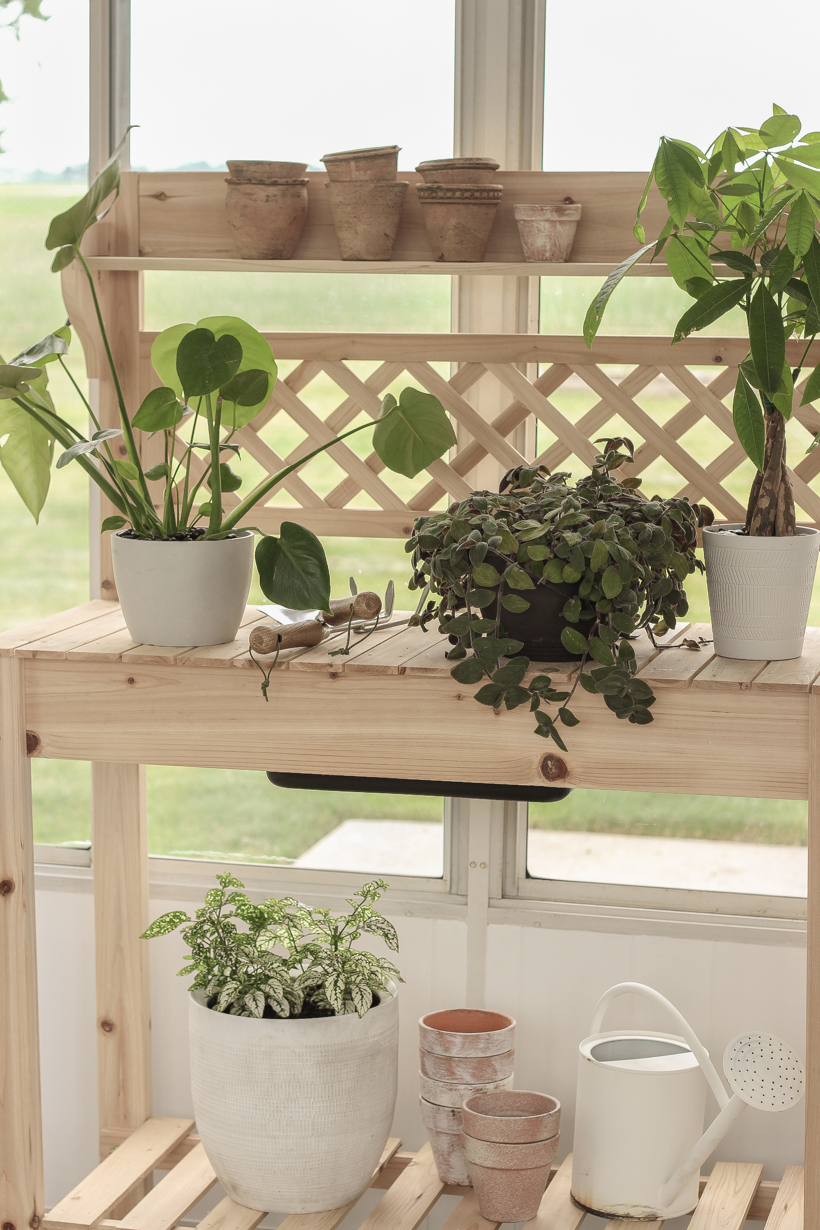 Home blogger and interior decorator Liz Fourez shares ideas for sprucing up your outdoor spaces like this affordable potting bench.