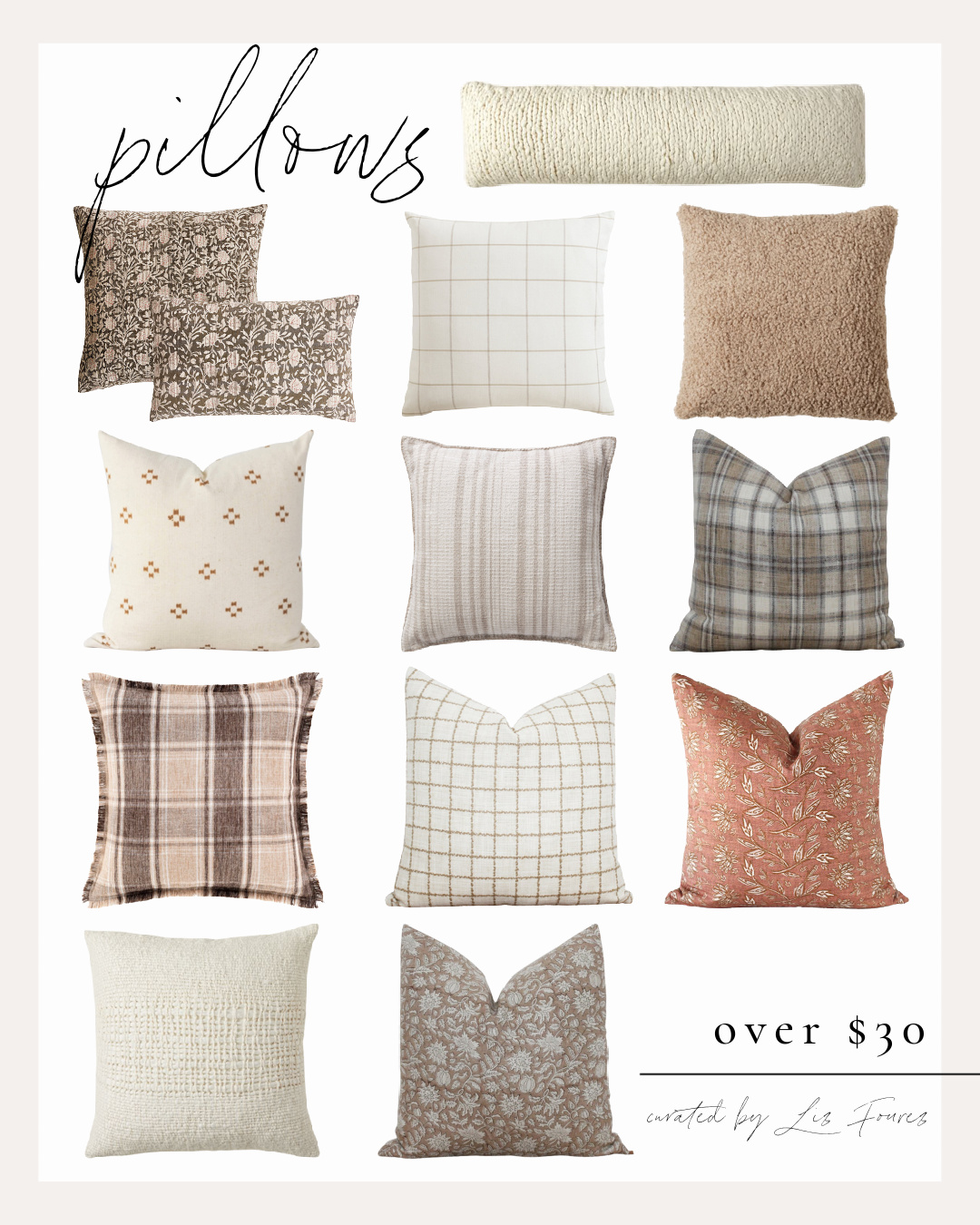 Gorgeous pillows for fall curated by home blogger and interior decorator Liz Fourez of Love Grows Wild