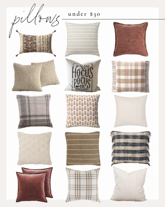 Gorgeous pillows for fall curated by home blogger and interior decorator Liz Fourez of Love Grows Wild