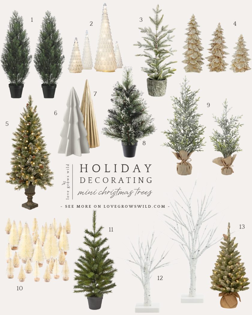 Miniature Christmas trees for holiday decorating curated by home blogger Liz Fourez