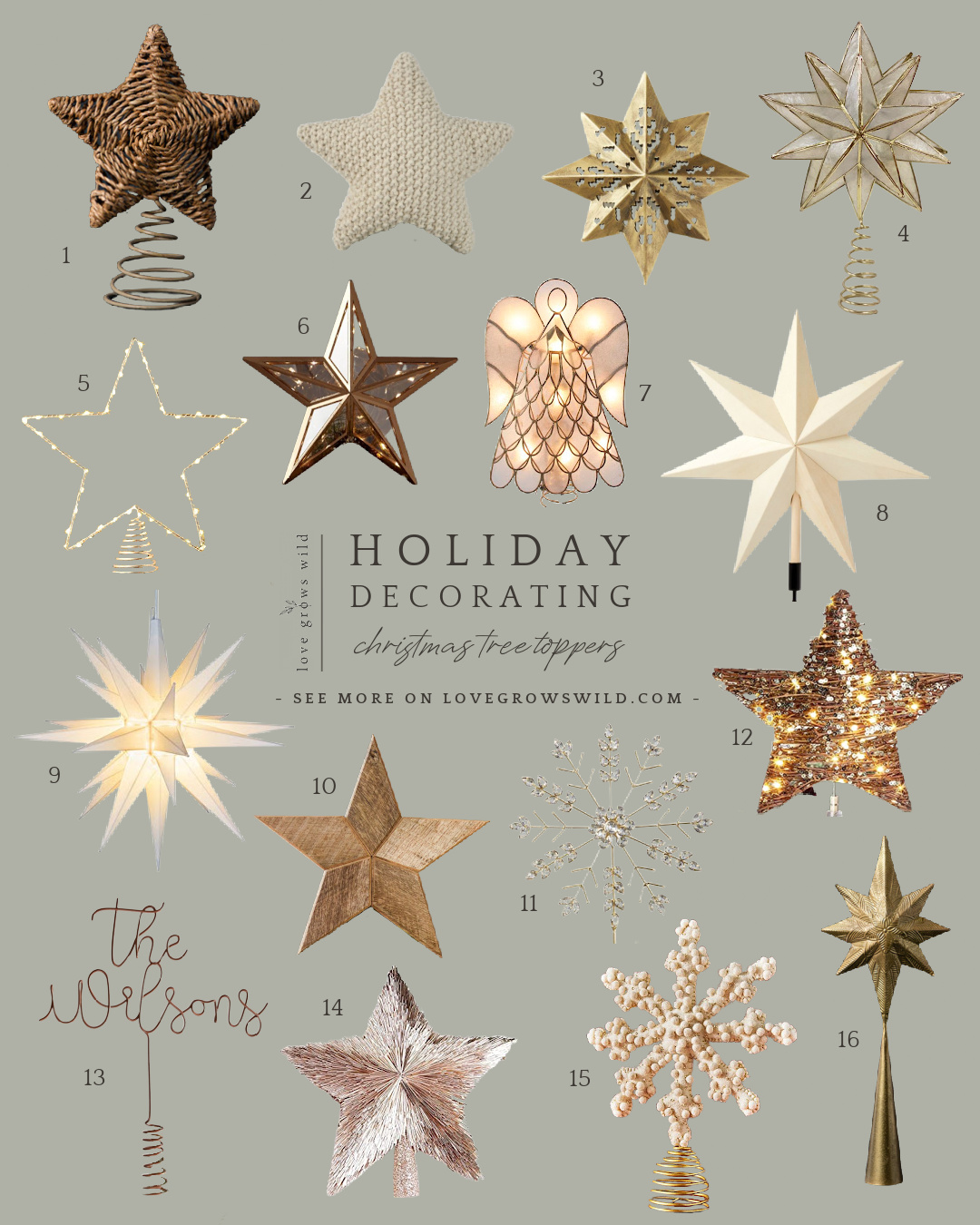 Christmas Tree Toppers for holiday decorating curated by home blogger Liz Fourez