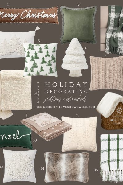Pillows and blankets for holiday decorating curated by home blogger Liz Fourez
