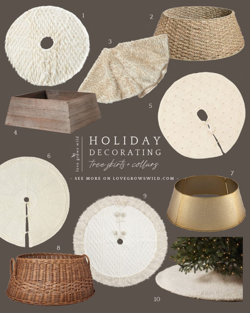 Tree skirts and collars for holiday decorating curated by home blogger Liz Fourez