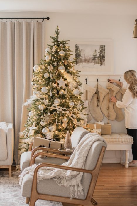 A beautiful living room dressed for the holidays by home blogger and interior decorator Liz Fourez