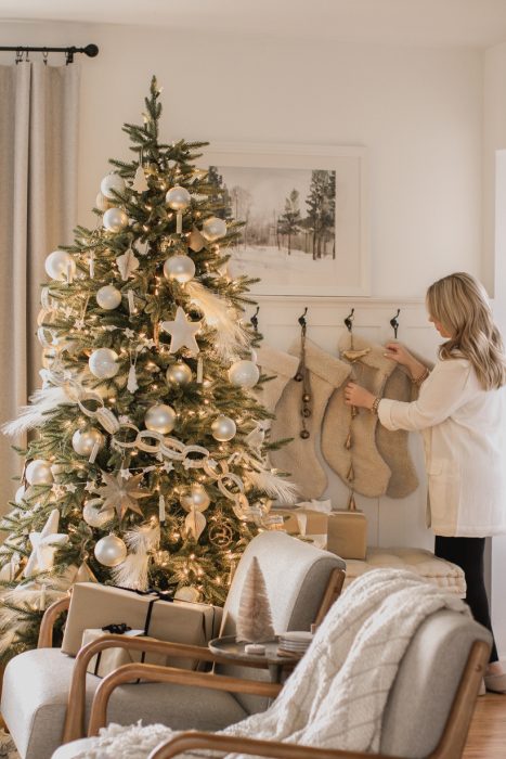 A beautiful living room dressed for the holidays by home blogger and interior decorator Liz Fourez