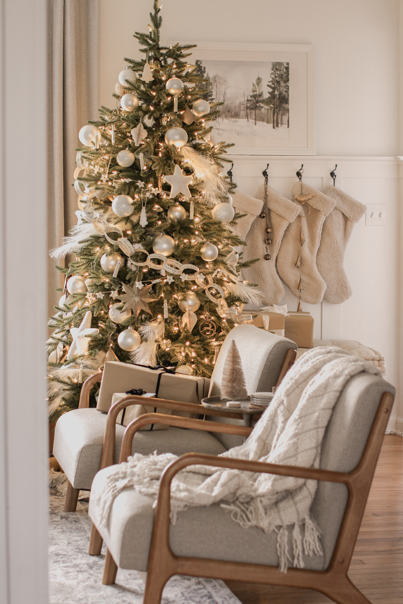 A beautiful living room dressed for the holidays by home blogger and interior decorator Liz Fourez