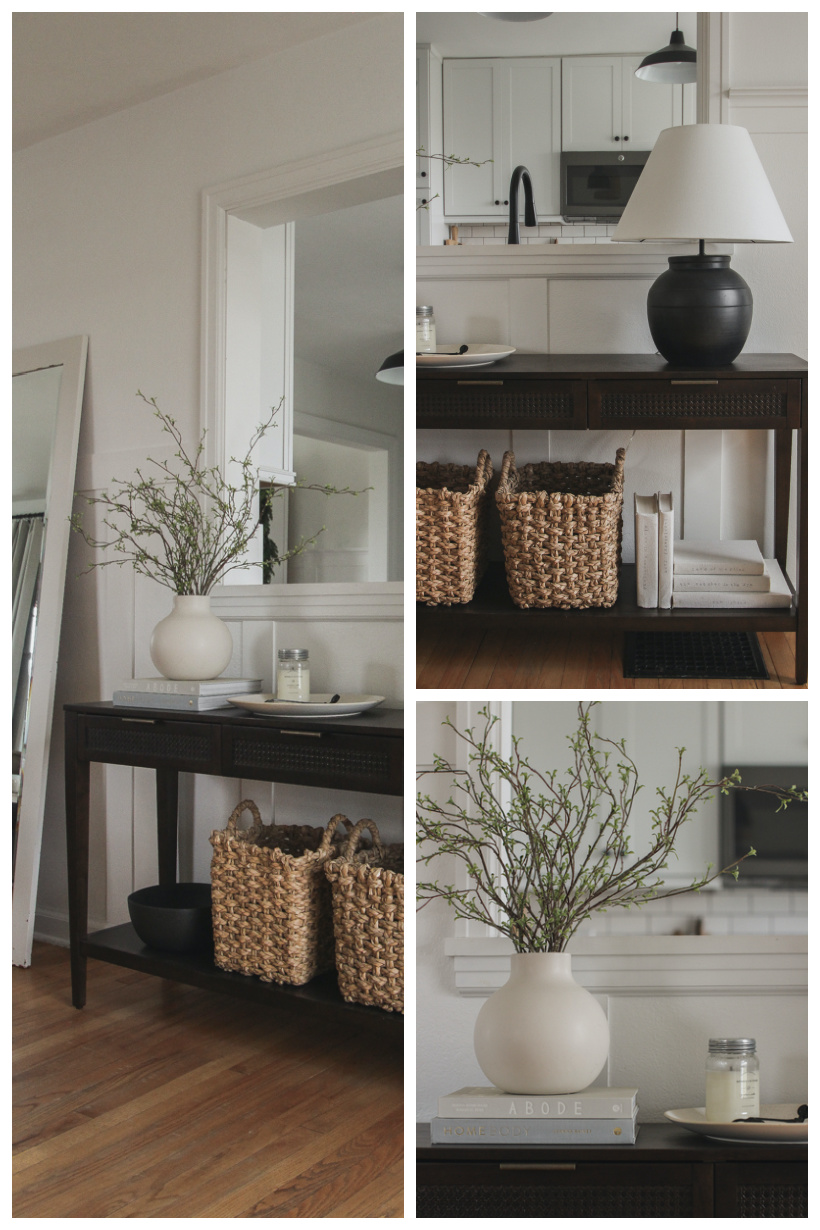 A beautiful dark wood console table styled in the home of blogger and interior decorator Liz Fourez