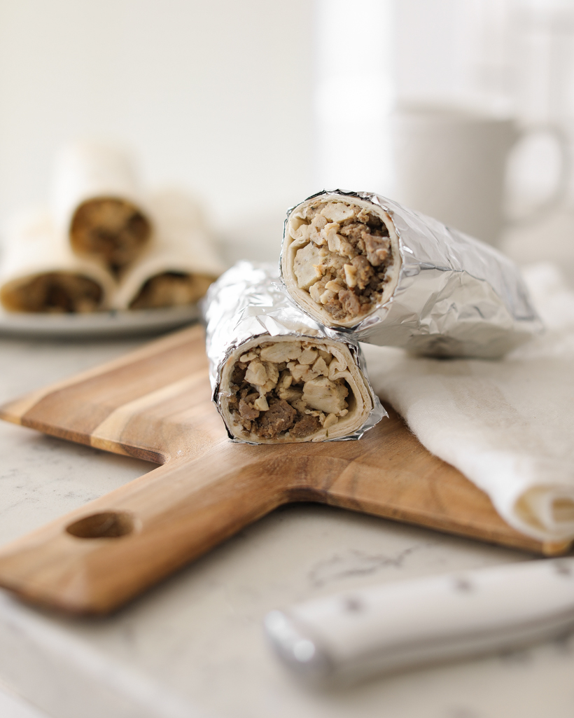 Healthy, easy sausage egg breakfast burritos