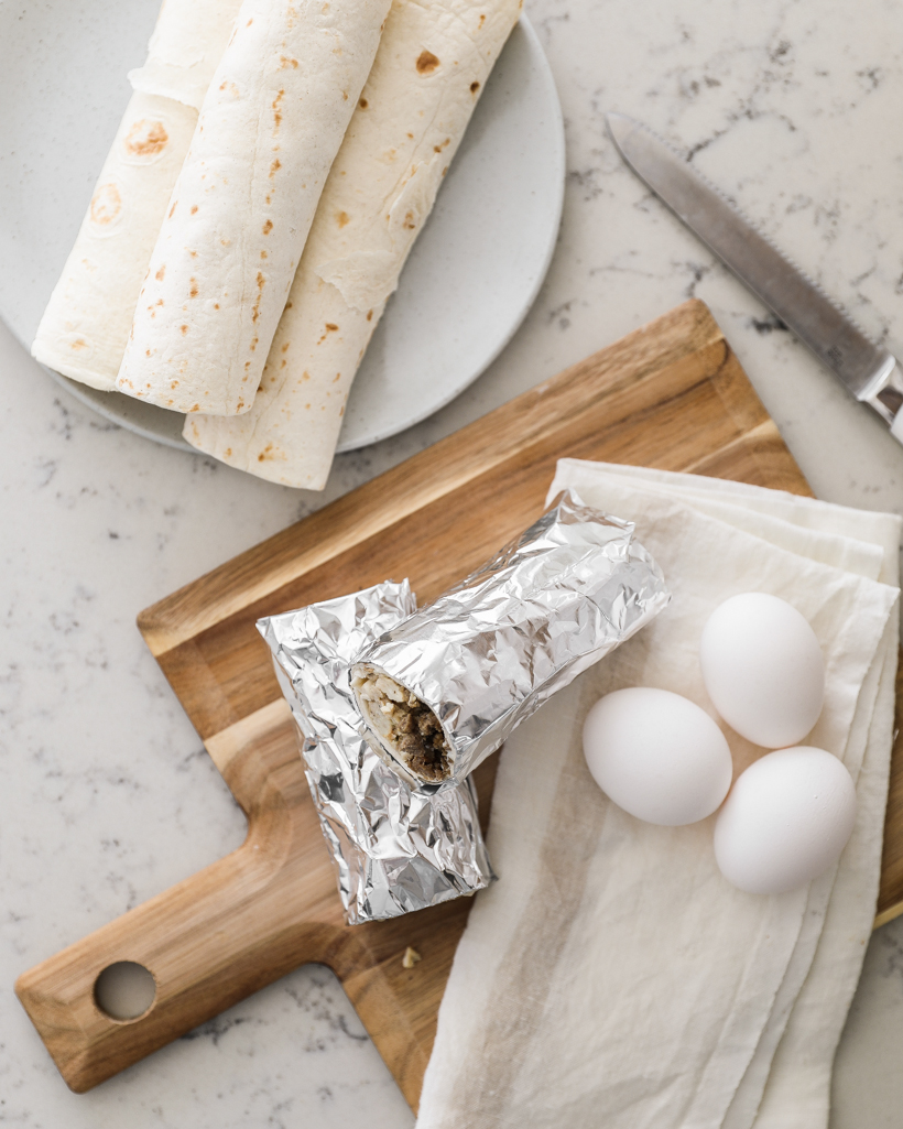 Healthy, easy sausage egg breakfast burritos