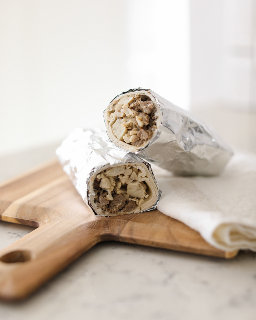 Healthy, easy sausage egg breakfast burritos